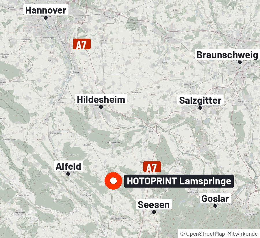 Lage von Lamspringe zwischen Hannover, Hildesheim und dem Harz an der A7